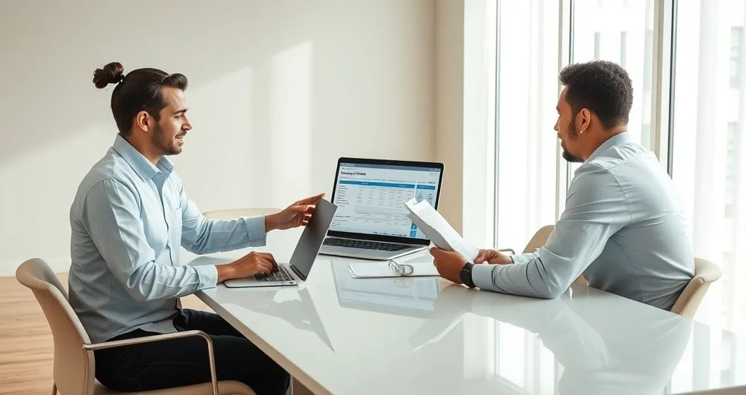 A mortgage servicer representative points at a laptop screen while handing documents to a diverse homeowner across a clean conference table