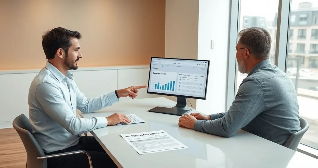 Mortgage servicer explains payment allocation and escrow account on a laptop to a homeowner across a conference table with escrow statement and transfer notice on the table