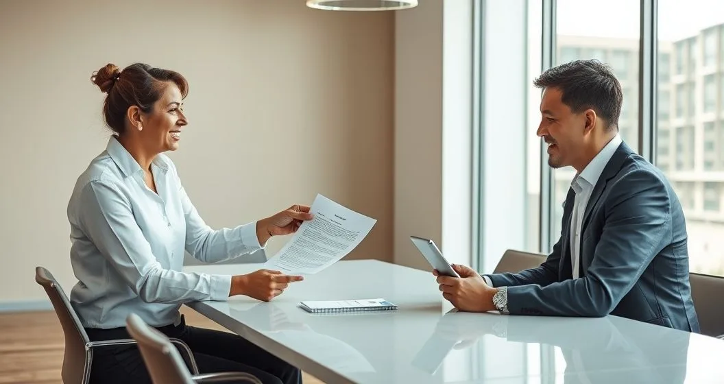 Homeowner watches two diverse loan servicers exchange a loan file across a modern office table while one taps a tablet, calm professional scene.