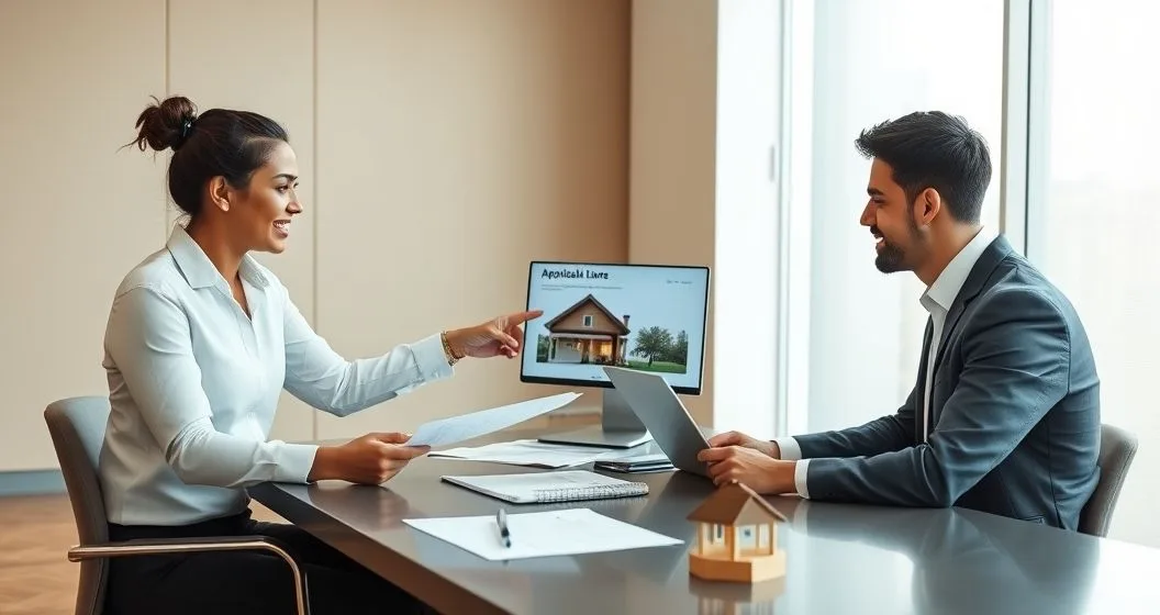 Underwriter and young diverse investor couple reviewing mortgage file laptop showing property appraisal and income projection in a minimalist bank conference room