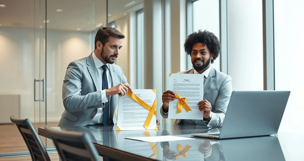 Corporate lawyer and borrower in a modern conference room matching a gold ribbon between two loan documents to symbolize entitlement to equal favorable terms