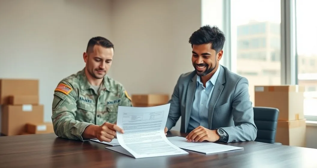 Active duty military member and tax advisor reviewing Form 3903 at a minimalist consultation table with moving boxes in the background