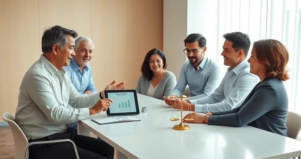 Three generations and a financial advisor reviewing a tablet with a family allocation diagram and a small balance scale on a conference table