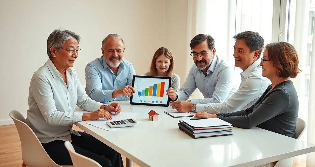 Three generation family and a tax advisor reviewing a color blocked allocation diagram on a tablet at a table with a house model and financial documents