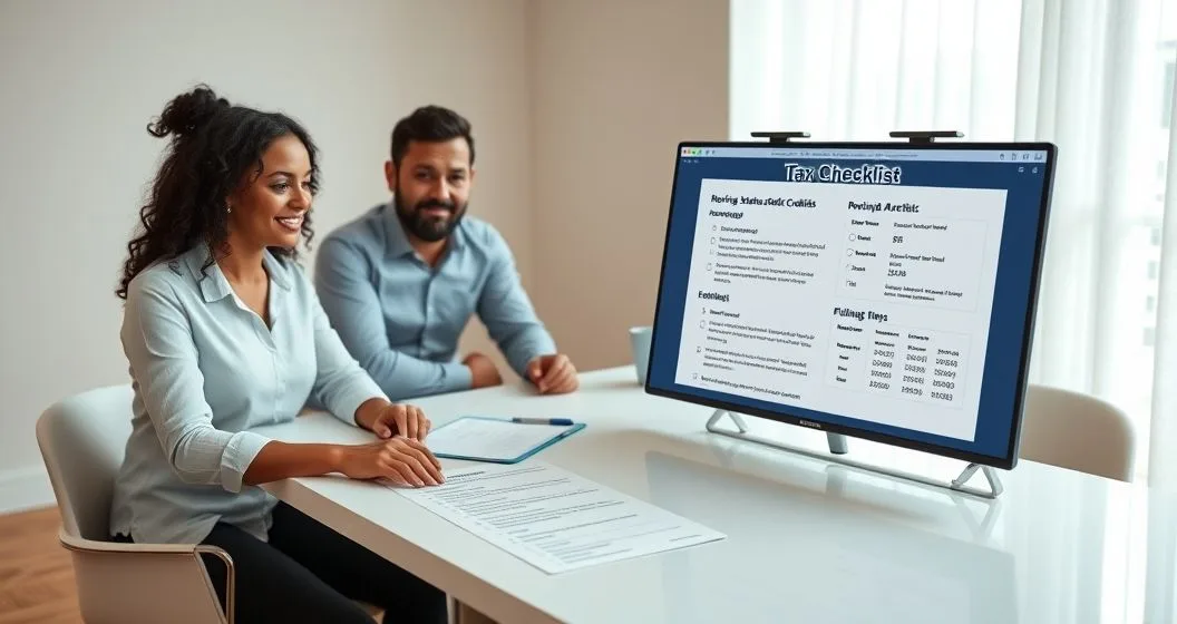 Tax advisor explaining a moving tax checklist to a diverse couple with laptop showing two state maps and income allocation charts