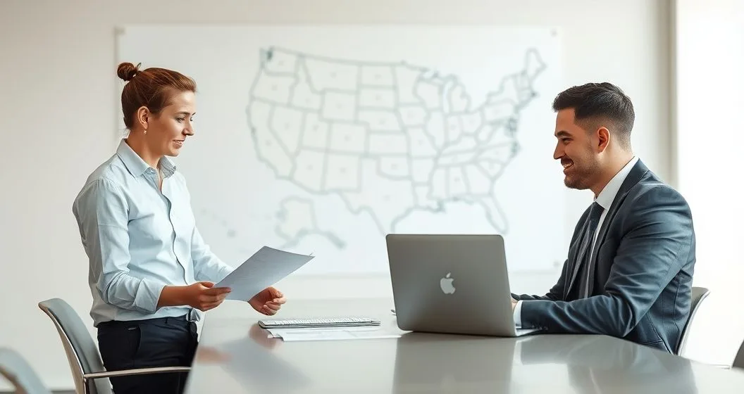 Payroll specialist and traveling employee reviewing payroll documents and a laptop with multiple US state outlines in a modern conference room.