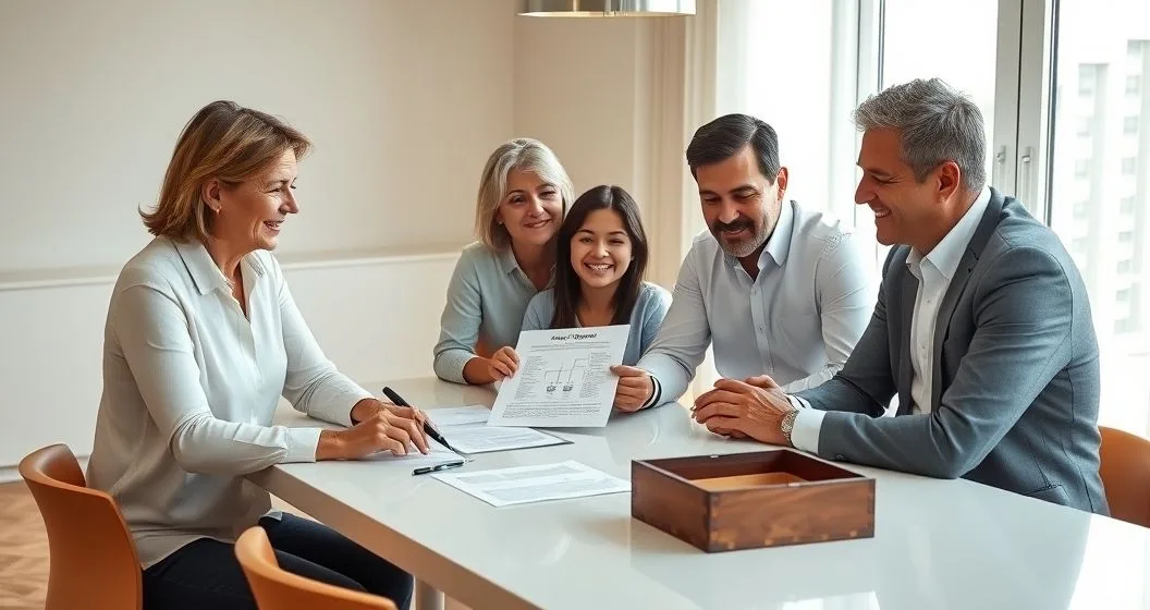 Three generations and a financial advisor reviewing a family wealth mission document around a table in a bright office