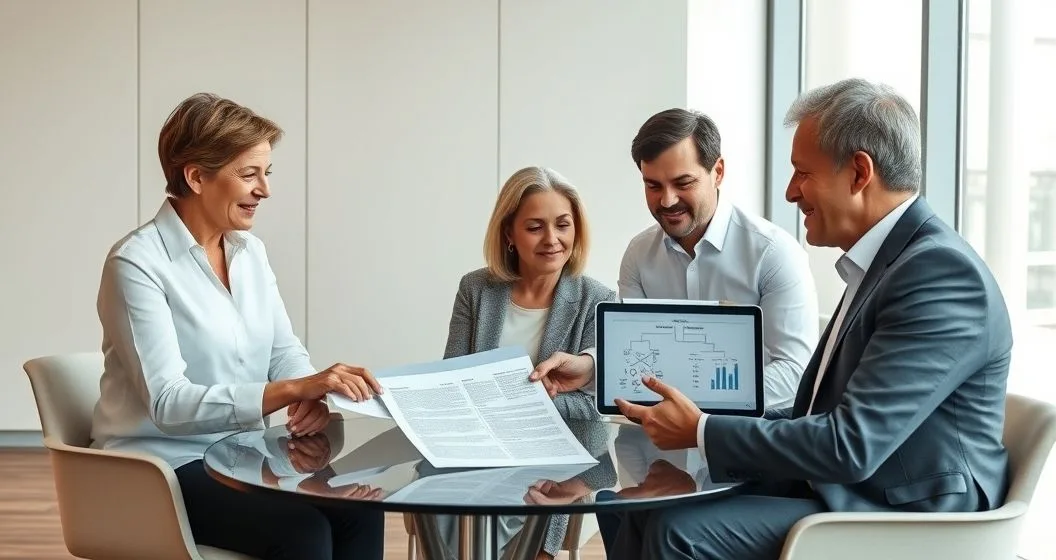 Three generation family meeting with a wealth advisor around a modern conference table reviewing an estate plan and a tablet showing a family tree.