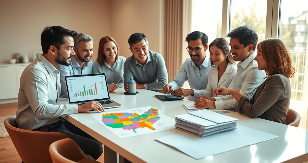 Diverse adults at a modern table with a laptop and color coded state maps and envelopes organizing multistate tax information.