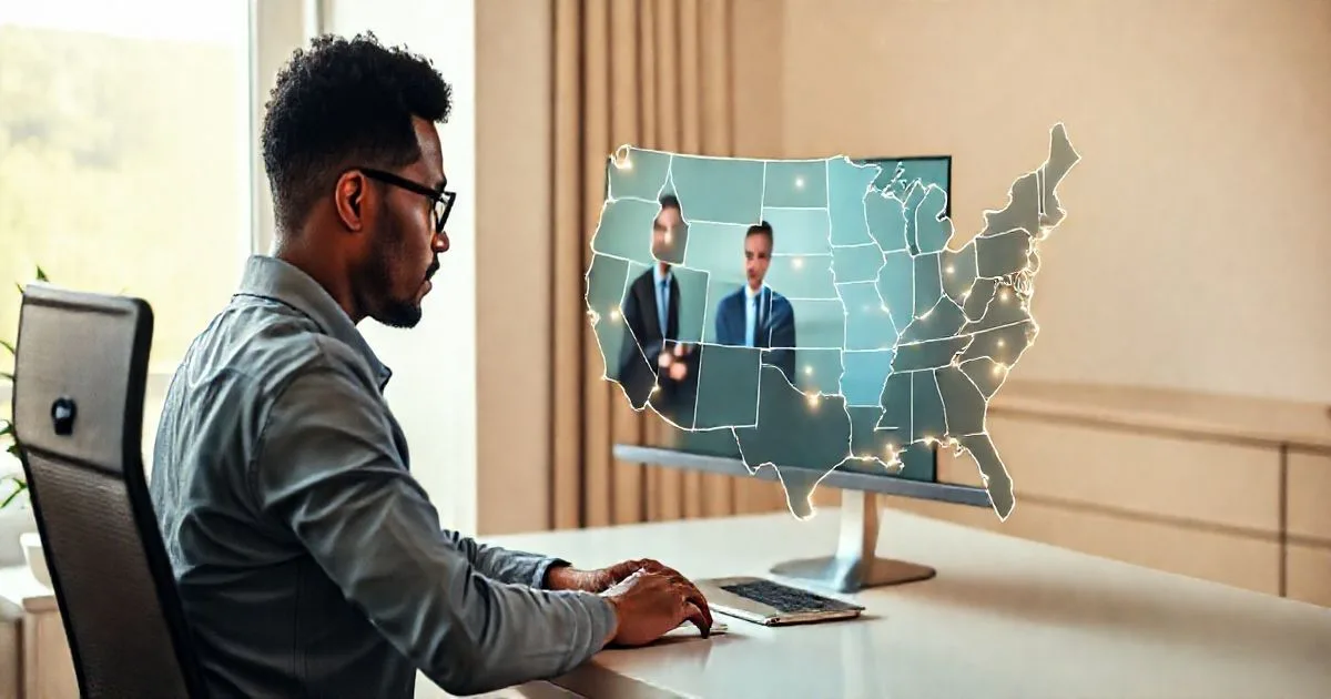 Remote worker on a laptop with a video call advisor and a translucent US map showing multiple highlighted states connected