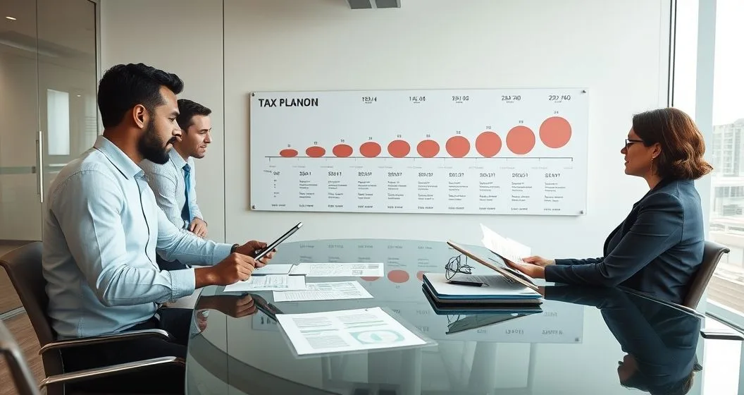 Diverse advisors and business owner reviewing a multi year timeline graphic and tax planning documents in a modern boardroom
