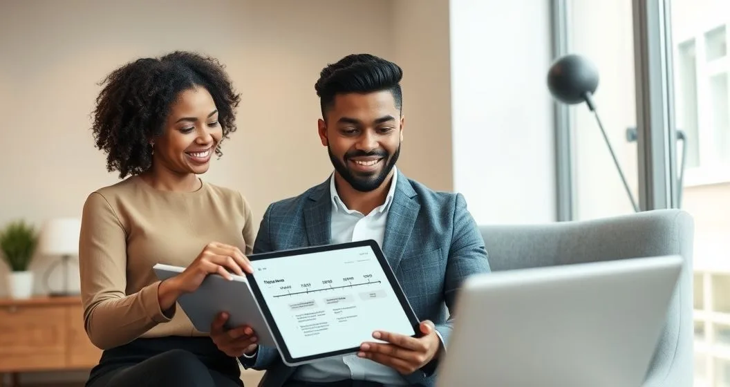 Loan officer and borrower in a modern office looking at a tablet showing a timeline with a pause then resumed payments.