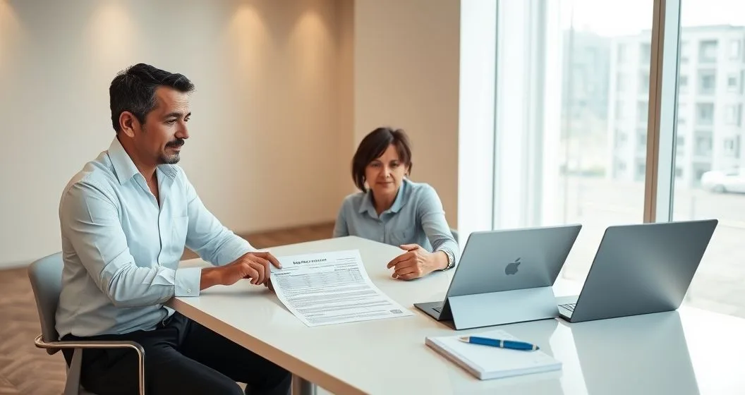 Financial advisor pointing to Form 709 while explaining gift tax rules to a couple in a modern office