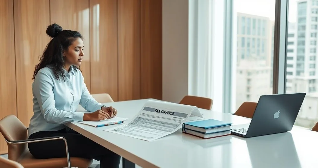 Tax advisor and client reviewing an IRS collection notice at a clean conference table with files and a laptop