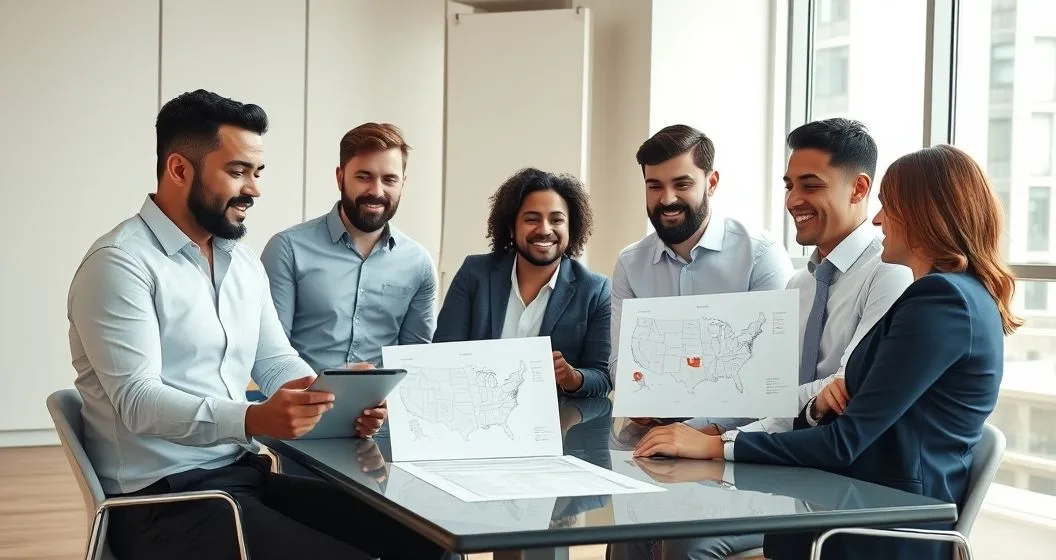 Diverse entrepreneurs and a tax advisor reviewing a tablet and charts that display simplified state outlines with colored markers indicating different franchise tax methods