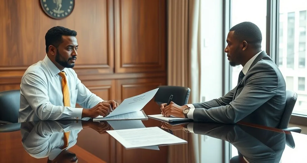 Tax attorney advising a diverse client over a Notice of Deficiency and a prepared petition at a courthouse conference table