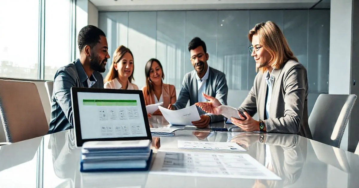 Tax advisor and client review documents and a tablet showing a paused refund transfer graphic while discussing next steps in a modern office
