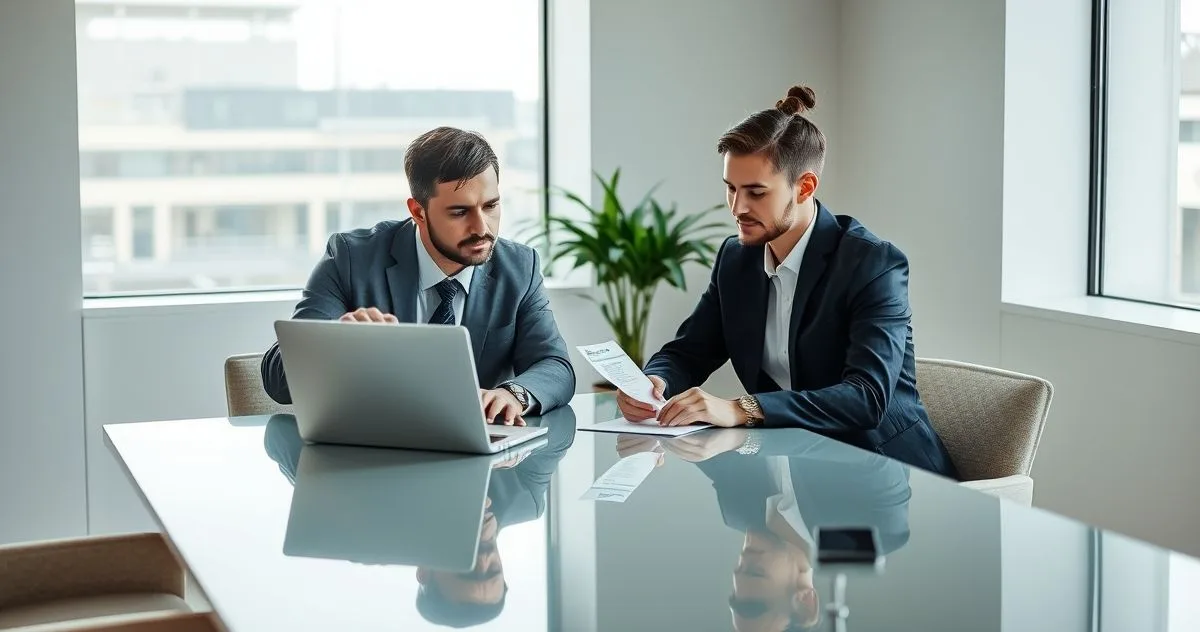 Tax advisor and client reviewing ledger on laptop as client signs payment allocation authorization at a minimalist office table