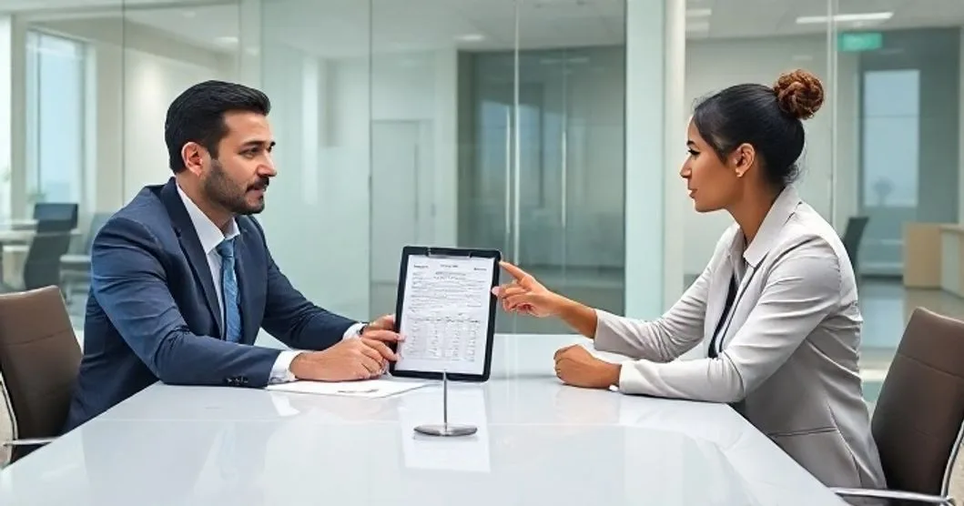 Small business owner and loan officer at a conference table reviewing loan documents and a tablet with a fee chart while negotiating prepayment penalty terms