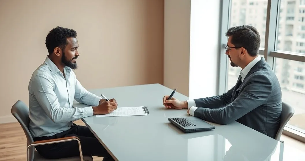 Small business owner and debt negotiator at a modern conference table signing a settlement agreement with calculator and laptop nearby.