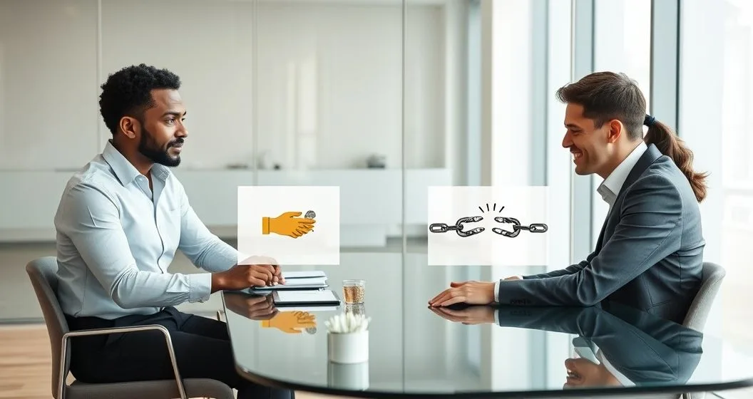Financial advisor at a sleek conference table showing two options on a tablet one with a handshake and coins and the other with a broken chain while clients react