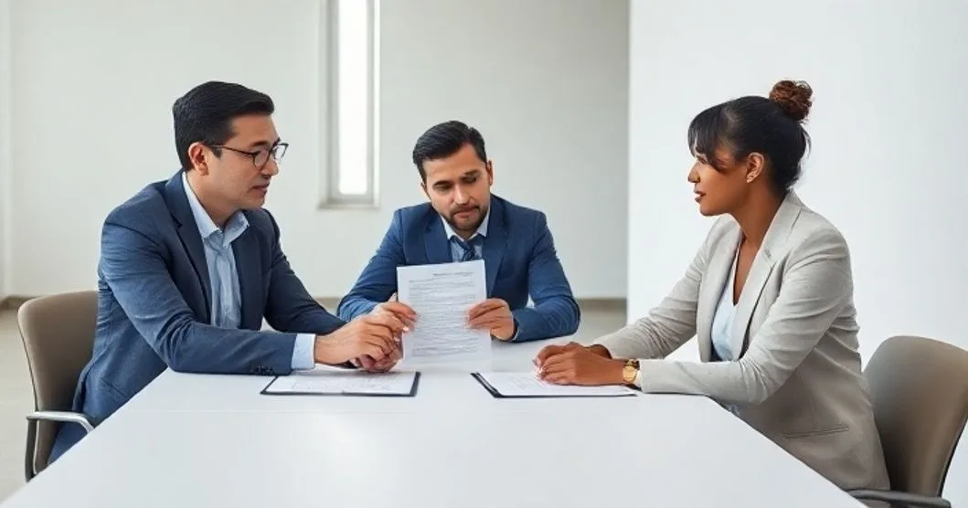 Three diverse professionals at a conference table reviewing a tablet and loan documents while discussing fee and penalty waivers to make a loan modification sustainable