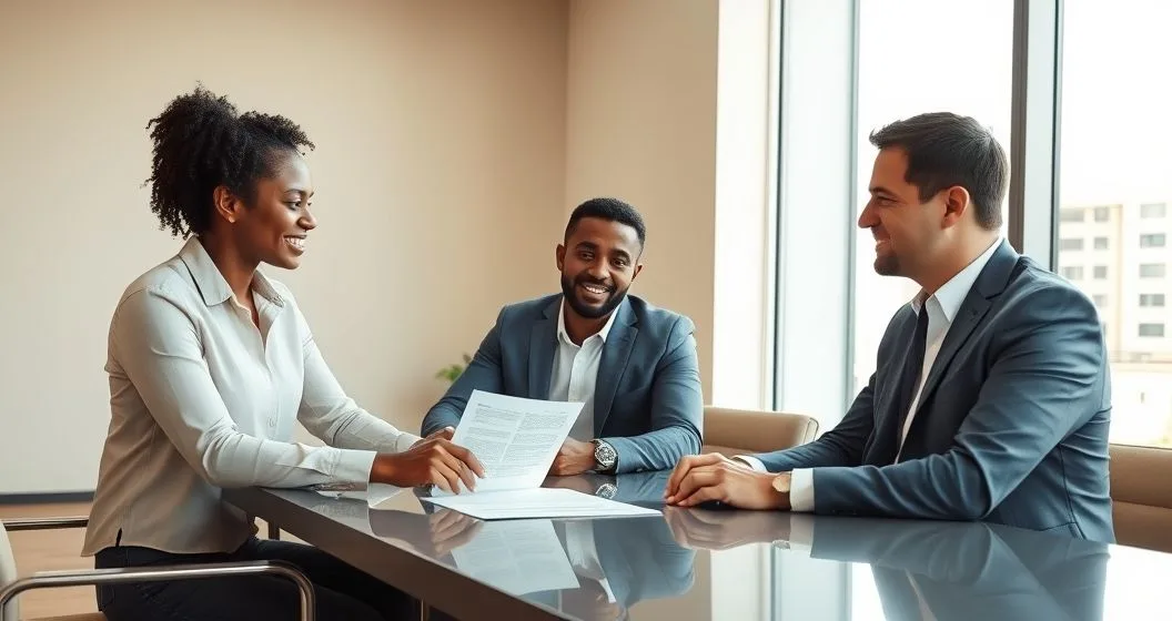 Borrower and financial advisor negotiating a payday loan settlement with a lender representative at a conference table