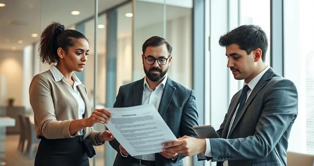 Three professionals negotiating a personal guaranty around a conference table with a redlined document and highlighted clauses
