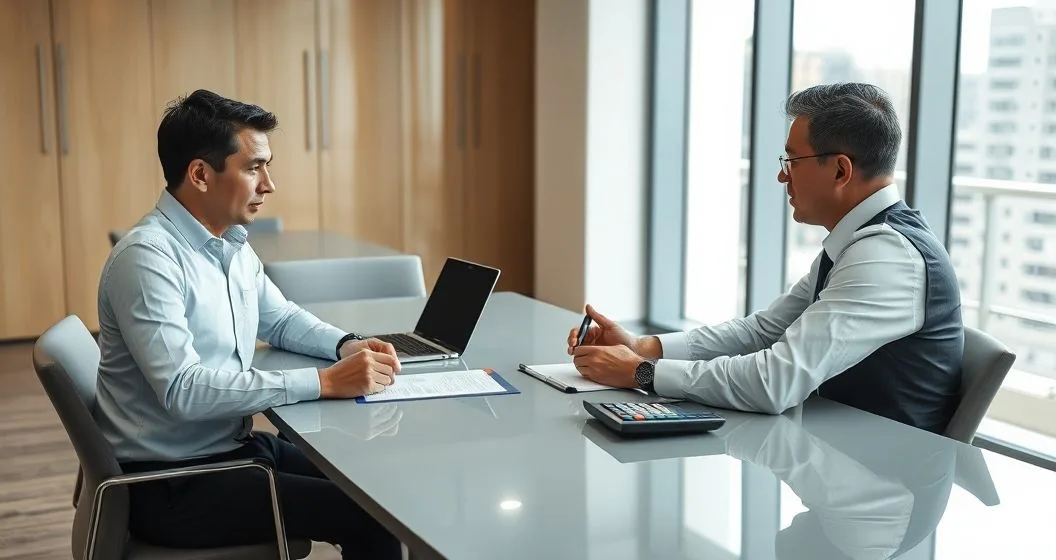 Borrower and private lender review and sign a loan deferment agreement at a conference table in a modern office