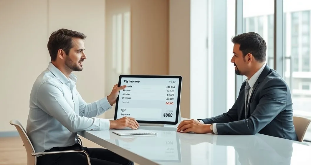 Advisor and client reviewing a tablet that shows net income after taxes and disposable income after bills