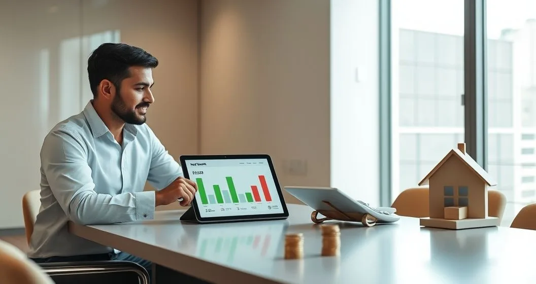 Advisor pointing at a tablet showing asset and liability bars while a client takes notes at a minimalist office table with a house model and stacked coins