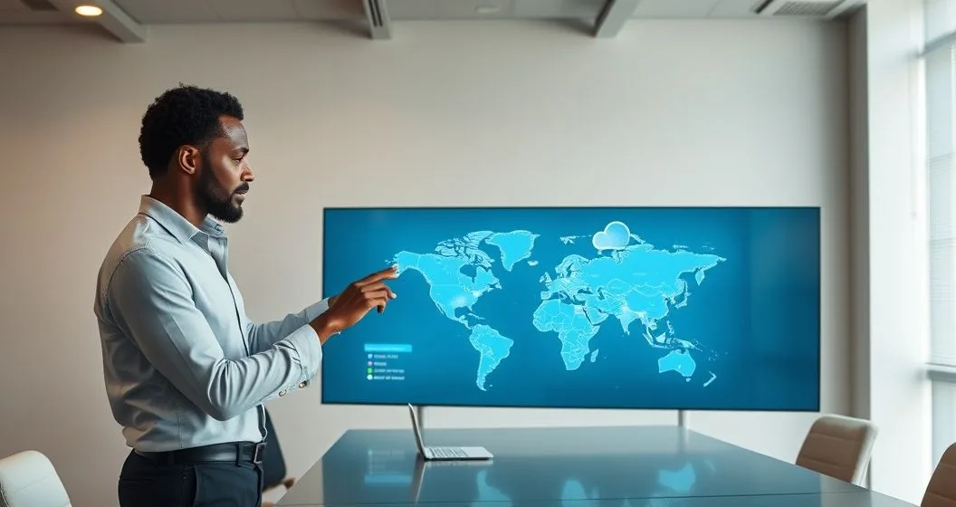 Two professionals pointing at a glowing US map on a touchscreen highlighting multiple states with lines to a cloud icon representing where digital services create tax nexus