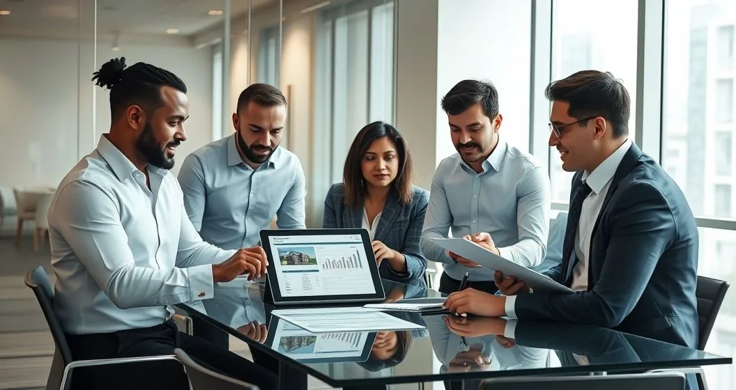 Bank workout specialists and a borrower reviewing a distressed loan on a tablet and printed summaries in a modern conference room.