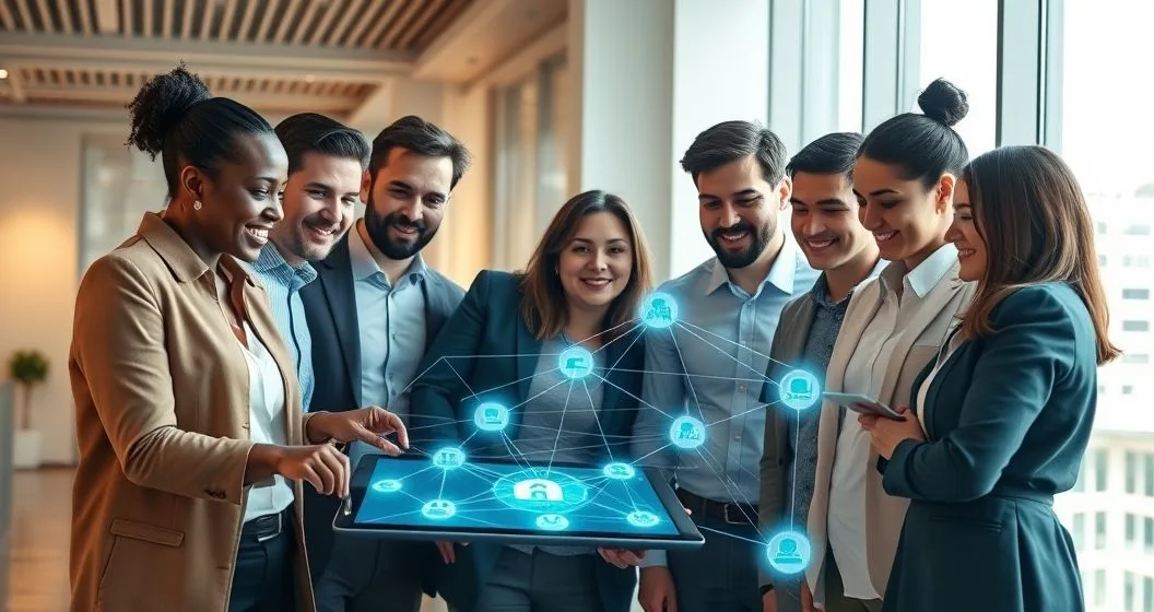 Diverse professionals around a tablet viewing a glowing network diagram representing a nonbank lending marketplace and automated underwriting