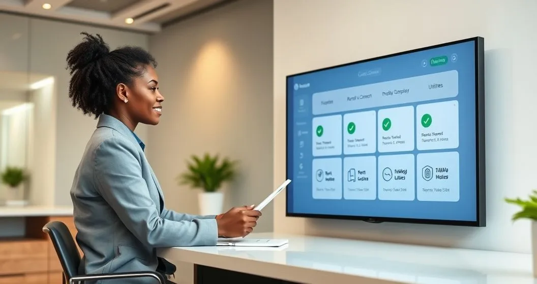 A credit counselor and a young diverse client review a touchscreen dashboard showing icons for rent telecom and utilities with checkmarks to indicate on time payments