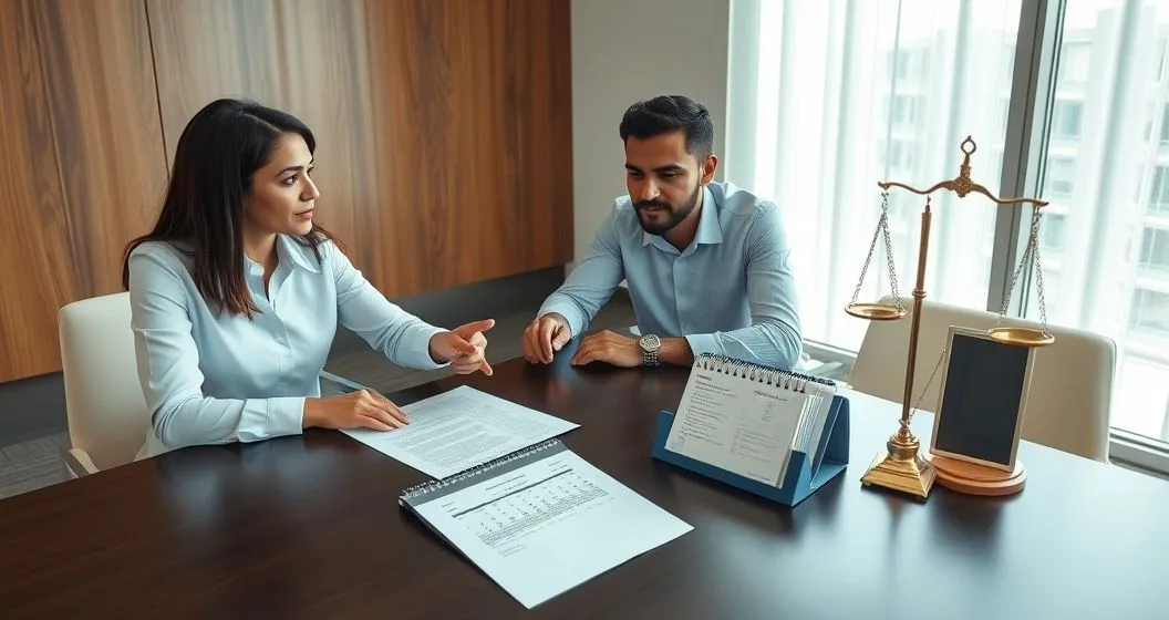 Tax attorney advising clients over a Notice of Deficiency letter with a calendar showing the 90 day deadline and a courthouse brochure on a conference table in a modern office.