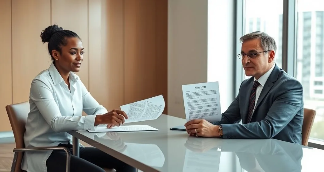 Tax attorney sliding a document titled Notice of Intent to Levy to a concerned couple across a conference table in a modern office