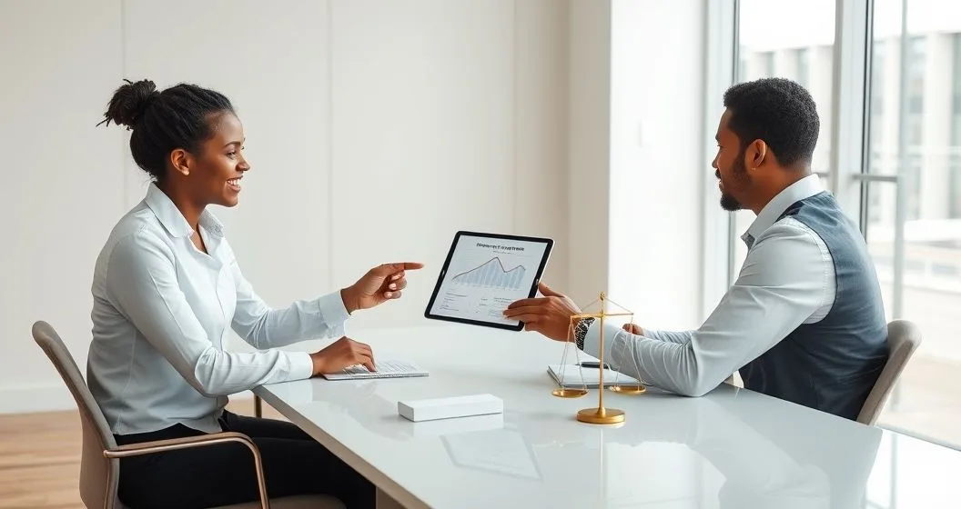 Tax professional sliding a settlement proposal to a client across a conference table with a tablet showing a downward balance chart and a small scale of justice on the table