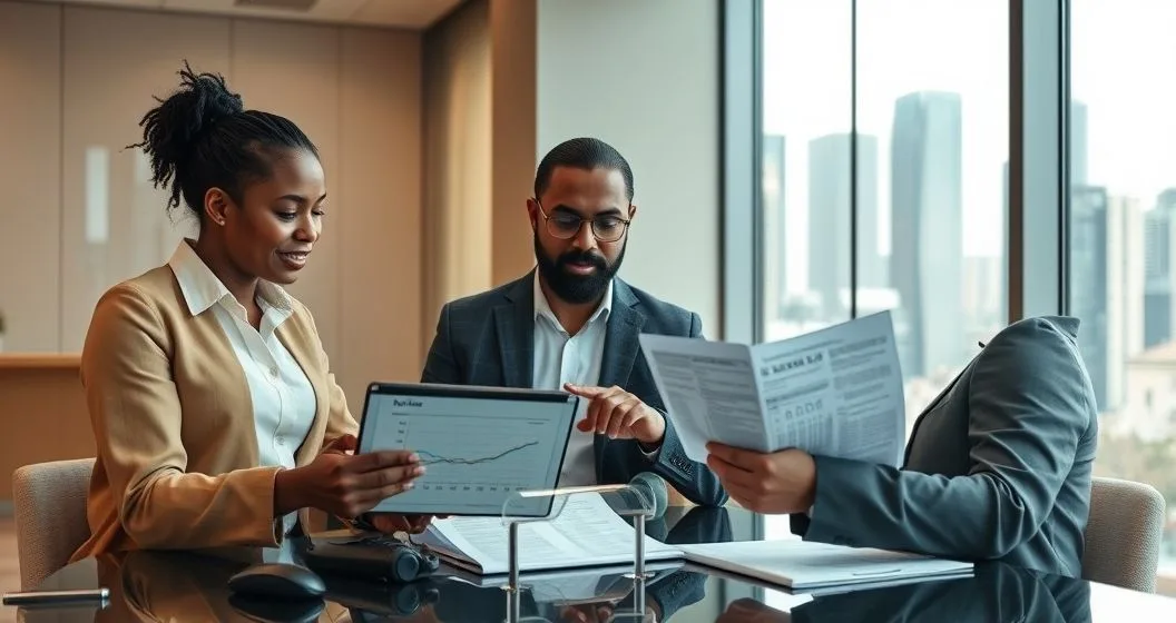 Three professionals in a bank office as a loan officer reviews a tablet debt chart and tax documents with a borrower