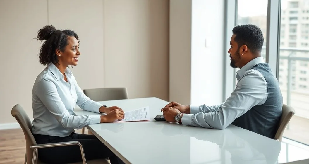 Tax advisor and client reviewing an Offer in Compromise document across a modern office conference table