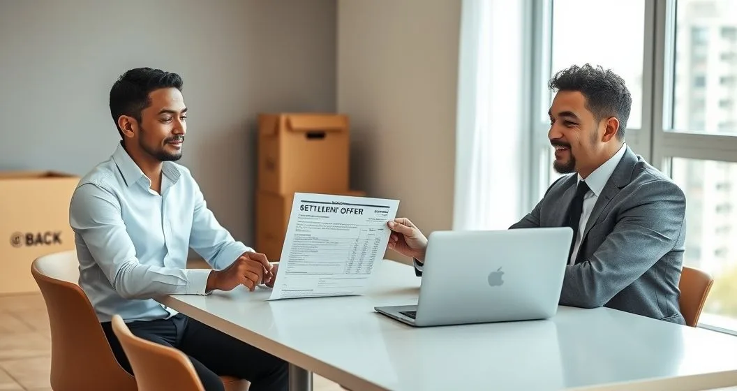Business owner meets with a tax advisor over a printed settlement offer while a packed moving box sits in the office background