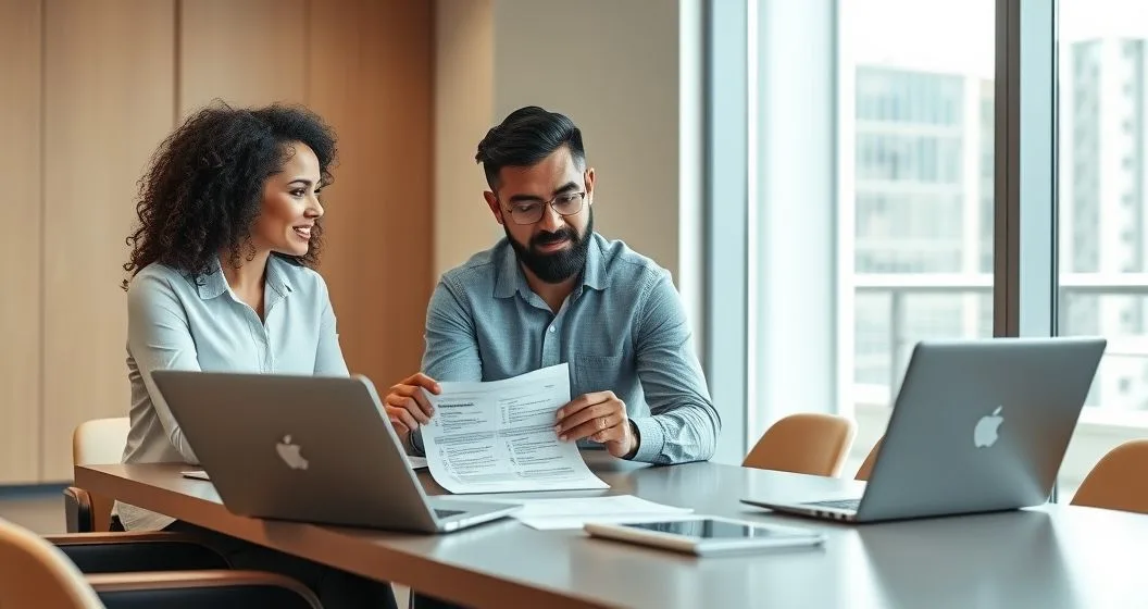 Benefits advisor and a diverse couple reviewing an open enrollment checklist on a tablet in a modern meeting room.