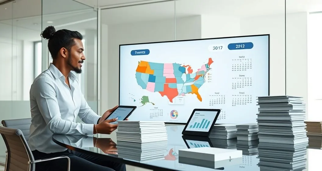 Advisor and clients at a conference table examining a screen with a US map color coded by state, stacked calendars and donation envelopes nearby