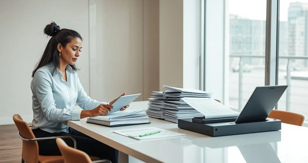 Tax advisor and client sorting folders and receipts at a clean office table, preparing an indexed binder and scanning documents