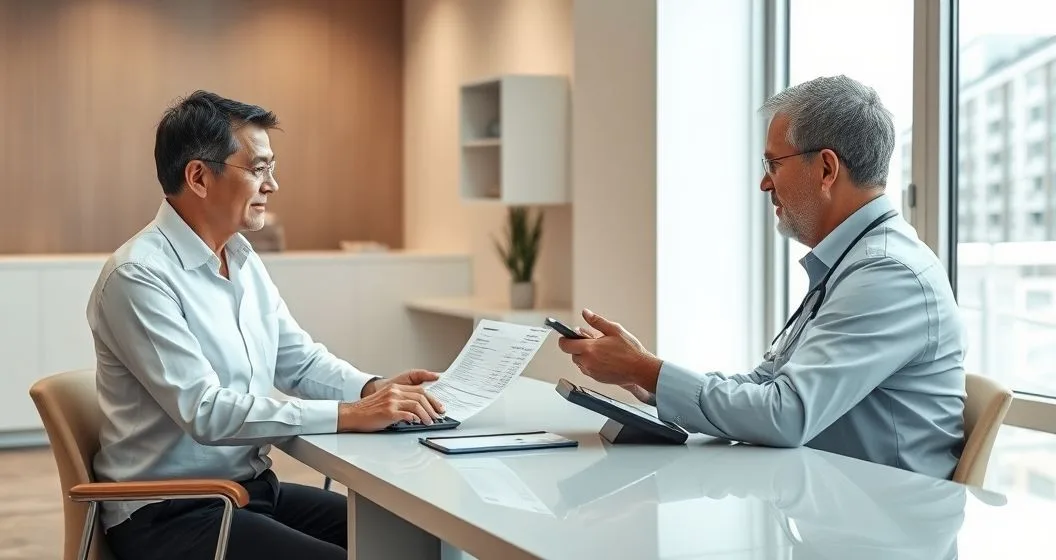 Patient and healthcare financial counselor reviewing an itemized medical bill and calculator at a minimalist consultation desk in a modern clinic
