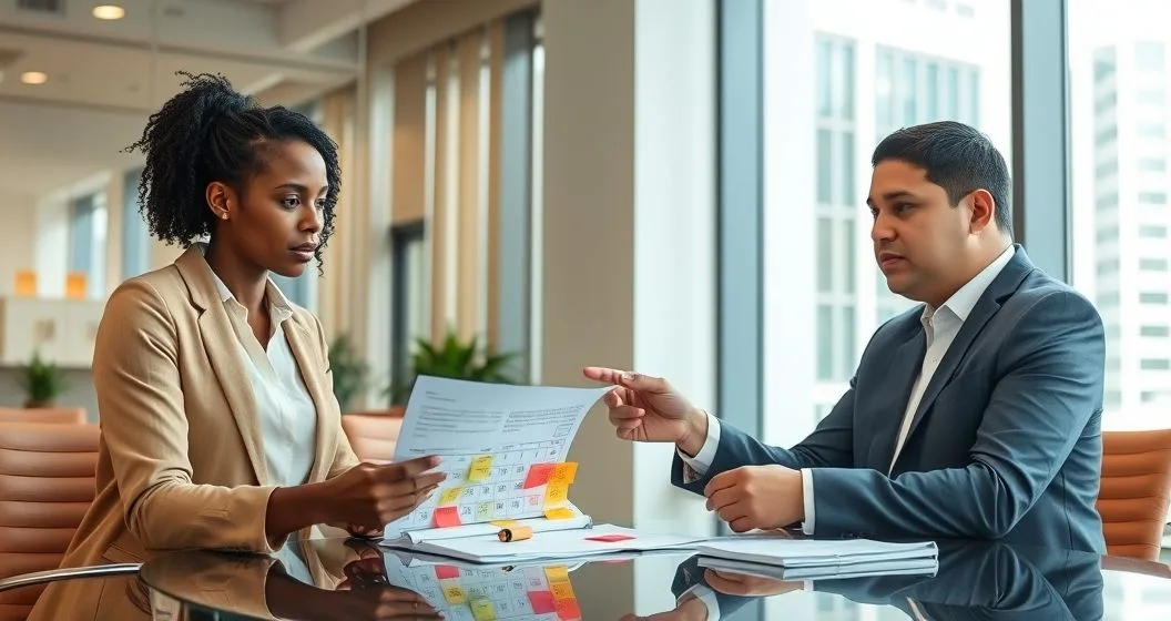 Diverse public service worker and loan counselor reviewing flagged loan documents and a marked calendar in a modern office