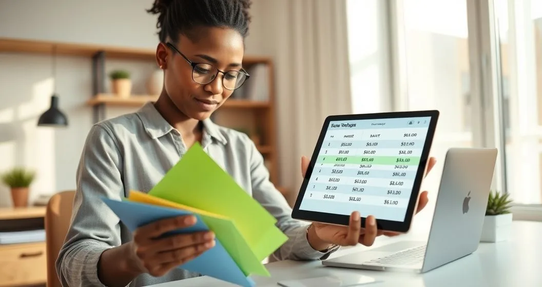 Person allocating color coded envelopes and using a tablet showing split budget blocks linked to upcoming paydays to allocate bills savings and spending