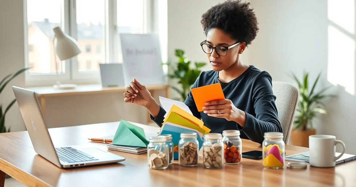 Person at a minimalist desk sorting color coded envelopes and jars while checking a tablet showing a net paycheck representing paycheck first budgeting