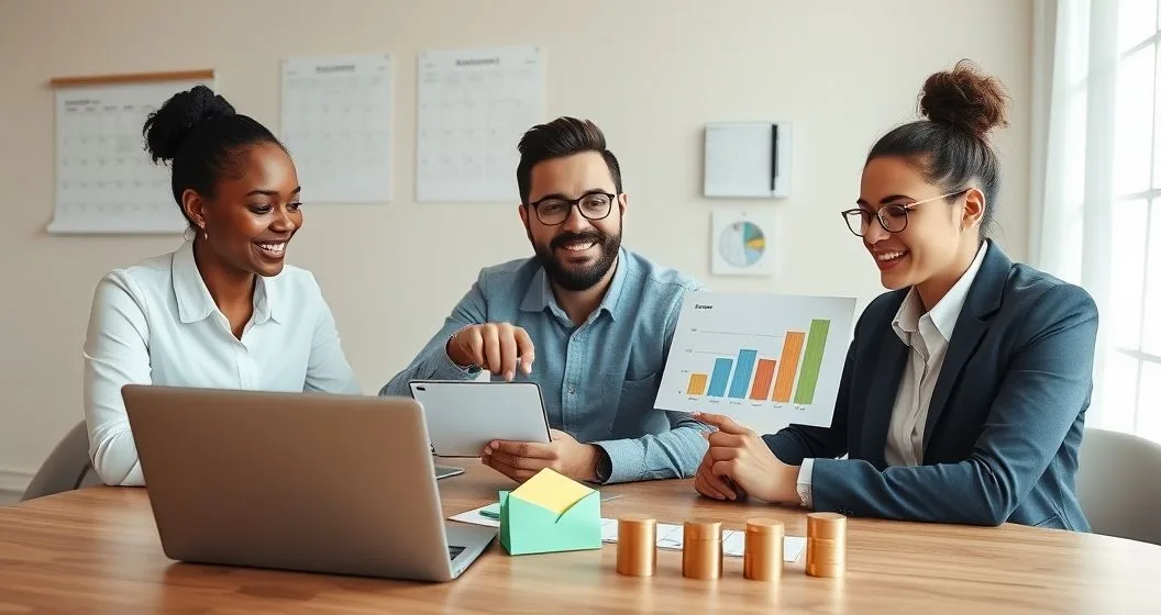 Financial planner and client creating a monthly paycheck plan with a tablet chart color coded envelopes and a wall calendar in a modern office