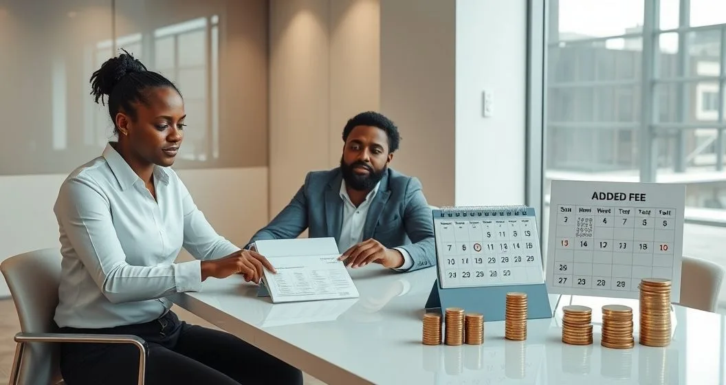 Three people at a minimalist office table a borrower and two advisors reviewing a payment plan document with red flag tabs a calendar with circled days and stacked coins indicating fees